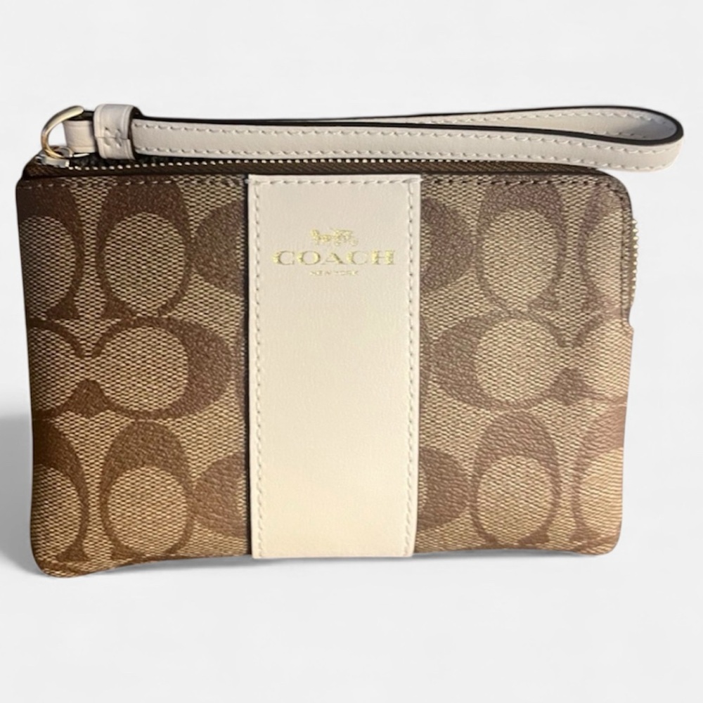 Coach Signature Corner Zip Wristlet Wallet – Khaki/Chalk – NWT